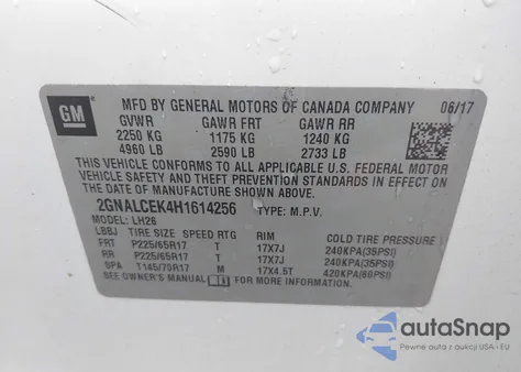 2017 Chevrolet Equinox Lt из США, поврежденный, VIN 2GNALCEK4H1614256